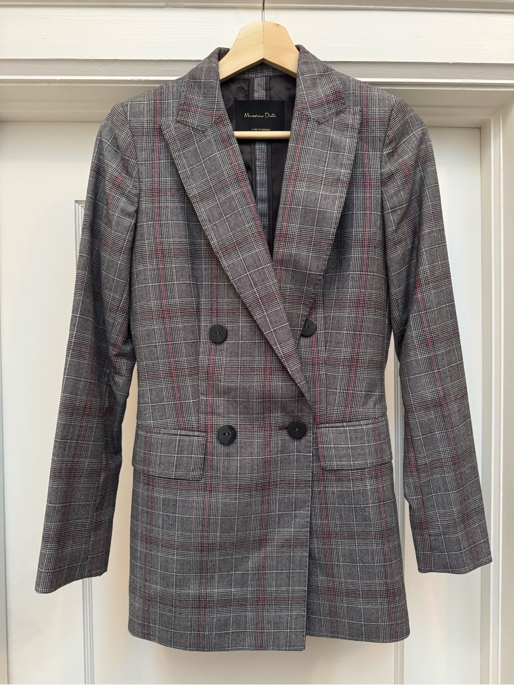 Massimo Dutti Gray Plaid Double-Breasted Blazer with Red Windowpane